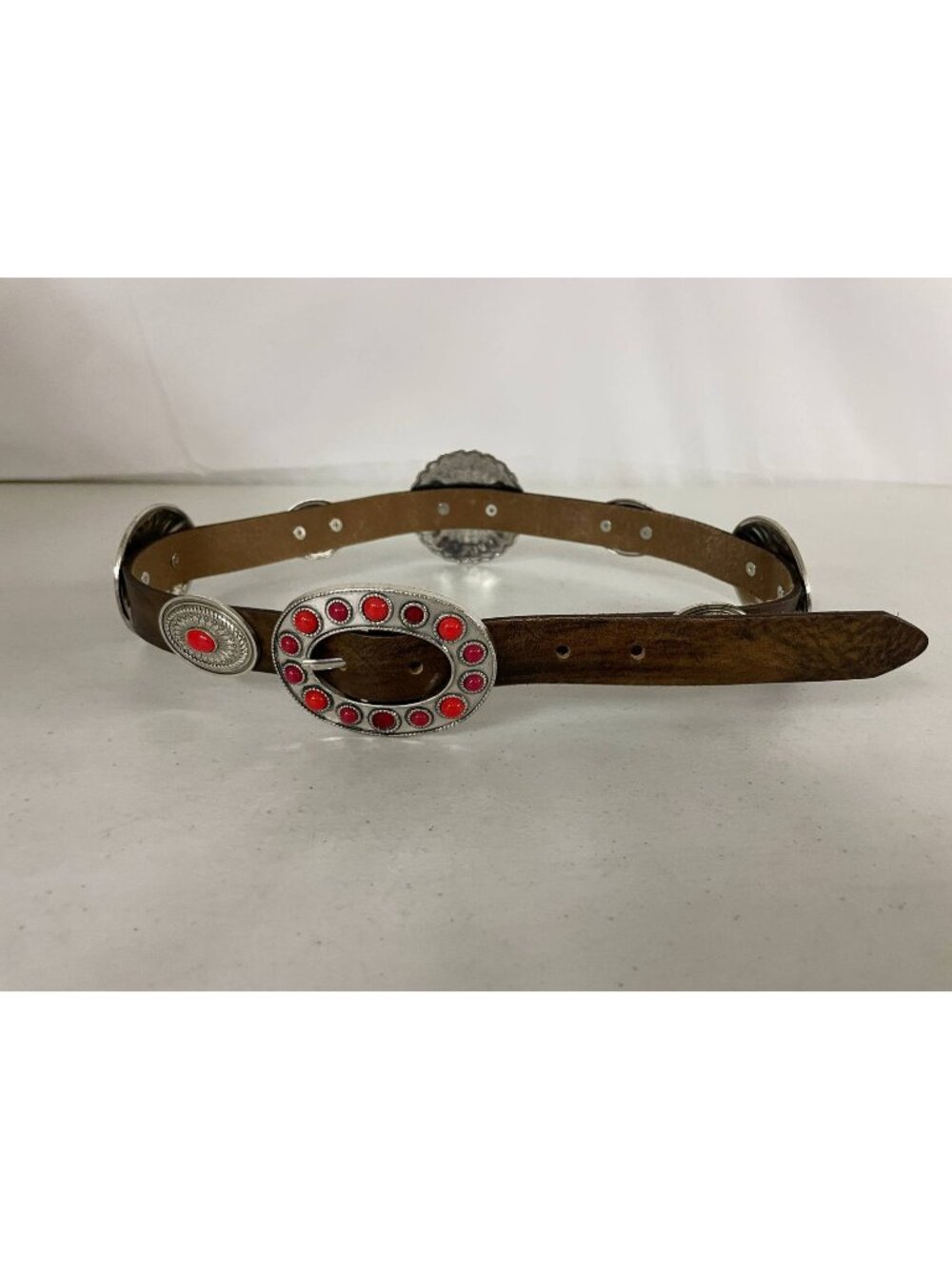 Zara Leather Belt Western Silver Tone Metal Red Stone 36" NWOT